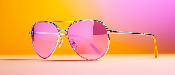 Stylish sunglasses with purple lenses displayed on a vibrant gradient background during bright daylight