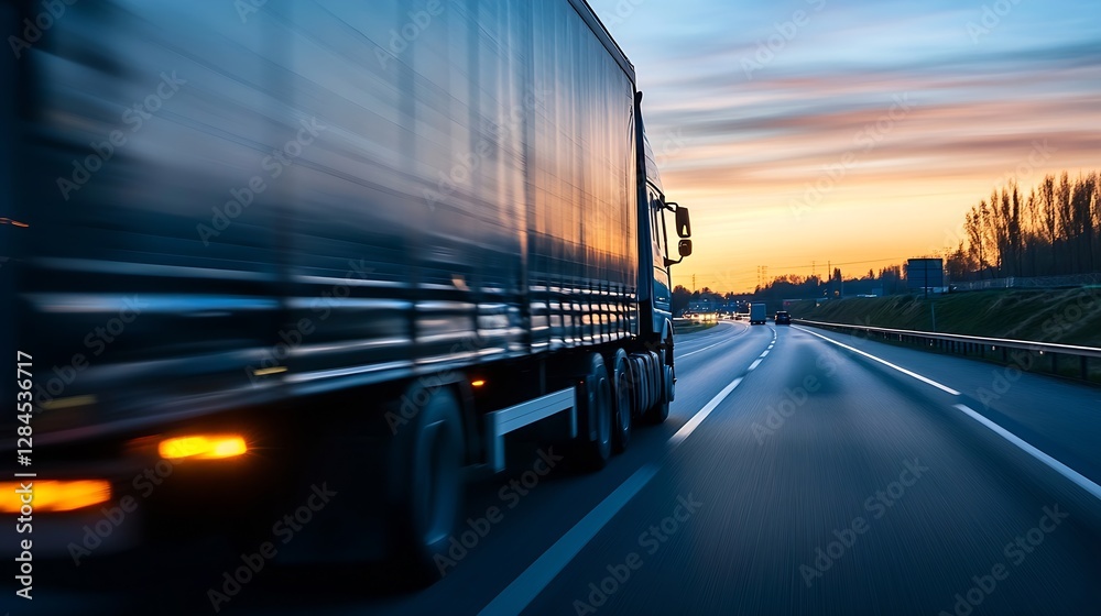 Poster dynamic shot of a speeding truck on a highway during sunset showcasing motion and energy : generativ