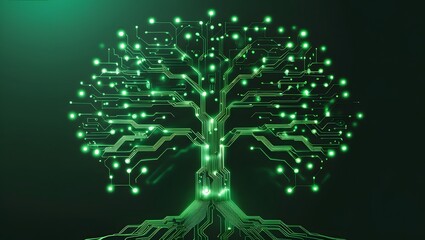 Captivating image of a stylized, glowing green tree formed from circuitry, set against a dark, subtly textured background.