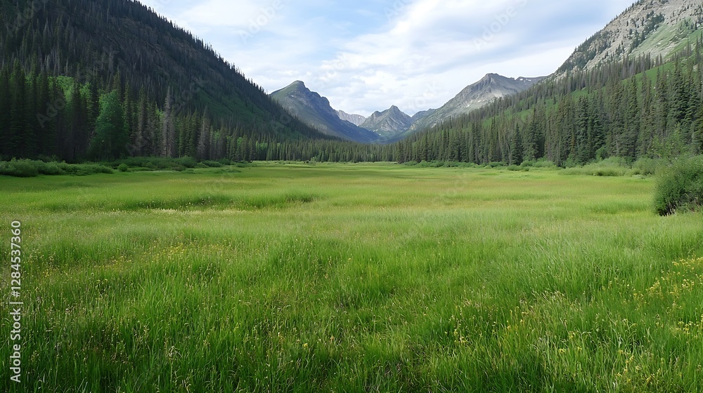 Aufkleber breathtaking view of a vast green meadow surrounded by majestic mountains under a cloudy sky : gener