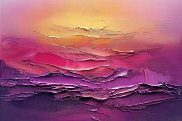 Sunset over the ocean with purple and blue waves in an oil painting featuring thick impasto texture and vibrant colors, capturing the beauty of nature’s evening serenity