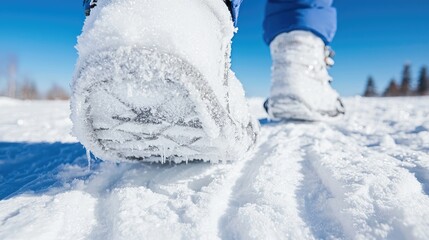 Snow boots walking winter snow landscape, outdoor recreation
