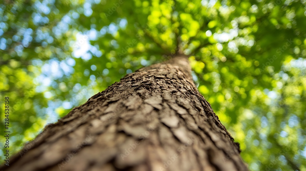 Aufkleber looking up towards a lush green canopy of leaves from the base of a tall tree : generative ai