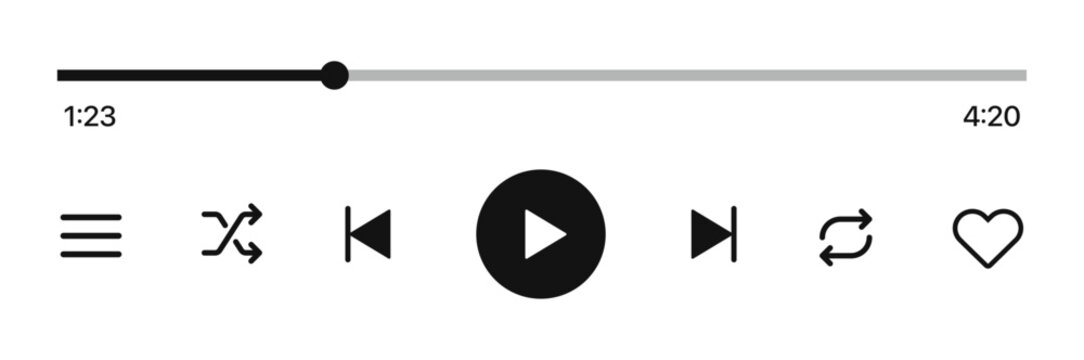 Music player UI: Audio media player widget with buttons, song duration bar, and sleek design. Vector illustration.