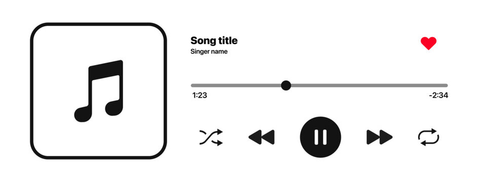 Audio player or music player UI with a horizontal layout, including a song photo frame, control buttons, a loading bar, and a sound wave, designed as a vector illustration on a white background.