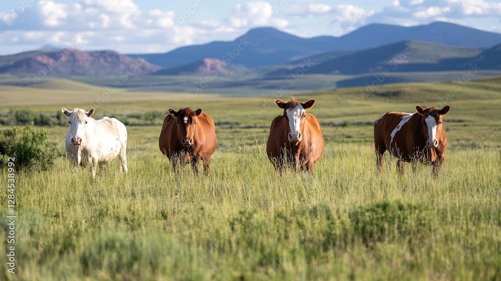 Poster four cows grazing on lush green pasture with mountains in the background : generative ai