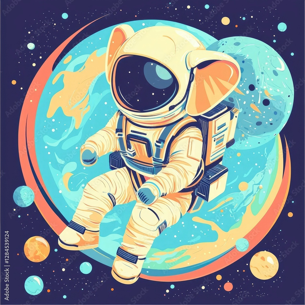 Wall mural astronaut floating in space near a colorful planet