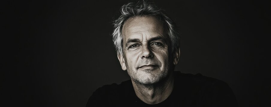 Confident middle-aged man with gray hair smiling in dim light