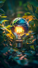 A glowing Earth-shaped lightbulb surrounded by vibrant foliage, representing sustainability and the power of renewable energy in an eco-conscious setting