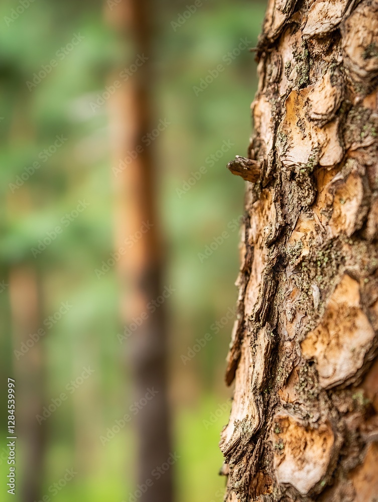 Poster closeup of rough bark on a pine tree surrounded by a soft blurred forest background : generative ai