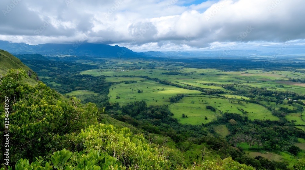 Poster breathtaking scenic view of lush green valleys and dramatic clouds creating an idyllic landscape : g