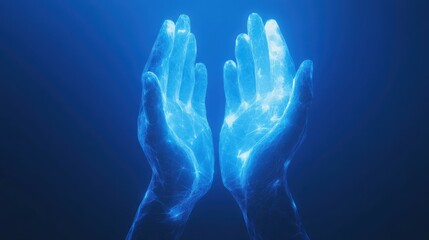 Digital abstract blue hands with glowing network light connections on dark background