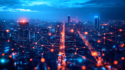Obraz premium Ciudad inteligente nocturna con red de conexión digital