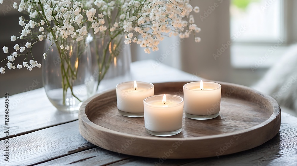 Poster elegant arrangement of three scented candles on a wooden tray with delicate flowers in the backgroun
