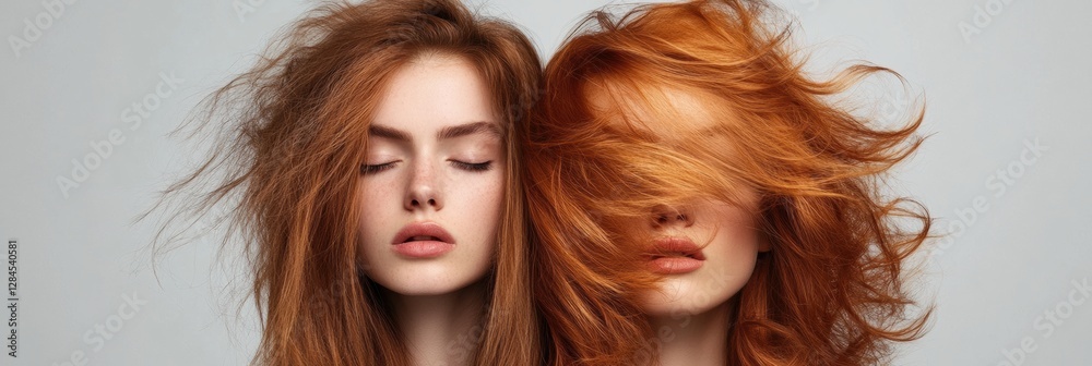 Poster Transformation of hairstyle showcasing unkempt versus stylish look of the same individual in a studio setting. Generative AI