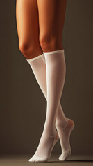 Fototapeta premium Elegant and delicate portrayal of long white socks on beautiful female legs, with the legs positioned on tiptoes and soft lighting enhancing the smooth fabric texture
