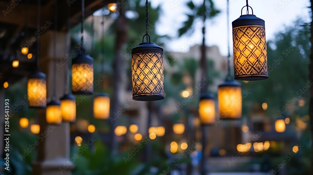 Poster Elegant decorative lanterns glowing warmly at dusk creating a captivating atmosphere in a lush garden space : Generative AI