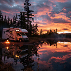 The Allure of Freedom: A Luxury RV Parked by a Tranquil Lake at Sunset