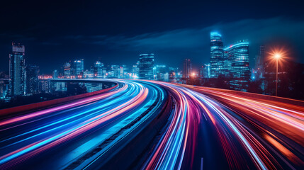 Fototapeta premium Ciudad nocturna con luces de tráfico en larga exposiciónTráfico nocturno en ciudad moderna con luces en larga exposición