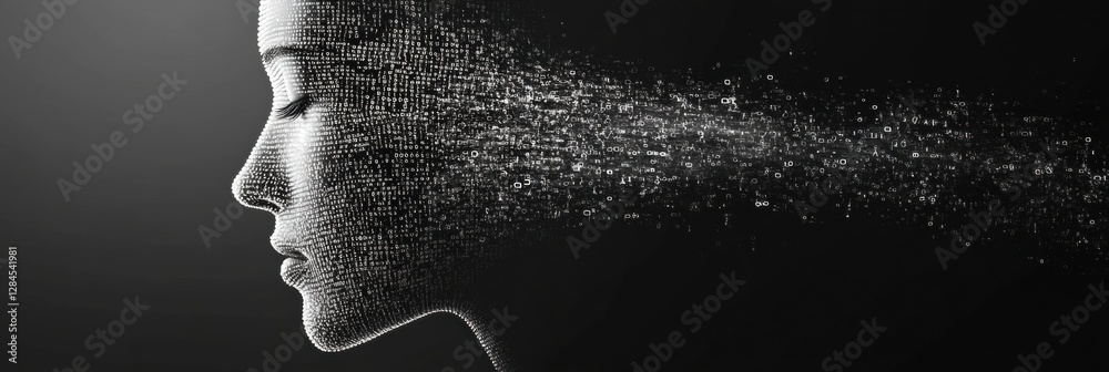 Aufkleber Human face dissolving into binary code representing the future of artificial intelligence and digital evolution. Generative AI