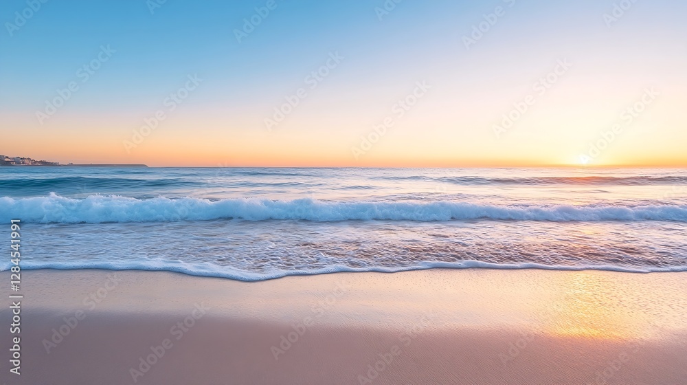 Poster stunning panoramic view of serene beach at sunset with gentle waves lapping at the shore under a cle