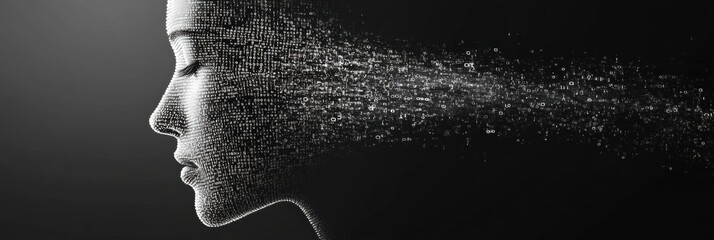 Human face dissolving into binary code representing the future of artificial intelligence and digital evolution. Generative AI