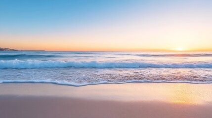 Stunning panoramic view of serene beach at sunset with gentle waves lapping at the shore under a clear sky : Generative AI