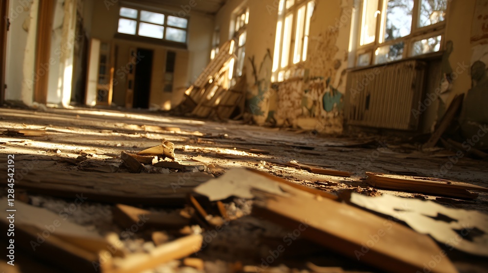 Poster eerie interior of an abandoned building with sunlight streaming through dusty windows and littered f