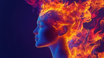 Surreal fiery portrait of young female with flames surrounding head