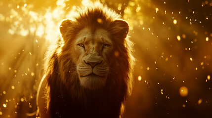 Naklejka premium Powerful lion gazes intently into the distance amidst a warm, golden atmosphere