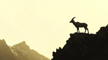 Sleek ibex stands on rocky cliff at sunset, silhouetted against a golden sky