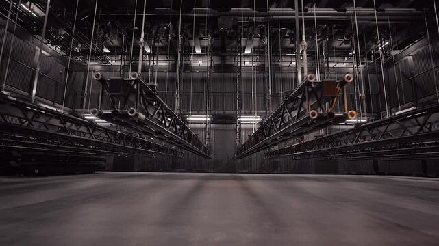 Smoothly Entering Theater Black Box Hall with Large Trusse Going Up. In Theaters, a Batten, Also Known as a Bar or Pipe, is a Long Metal Pipe Suspended Above the Stage for Things to be Hung.