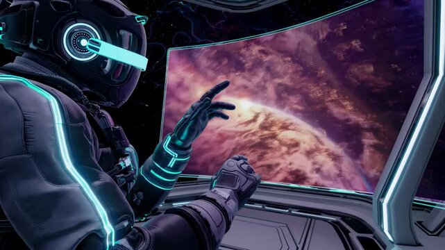Futuristic astronaut observes alien planet from spacecraft, concept of interstellar exploration and space discovery.