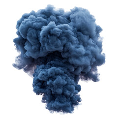 A massive dark blue smoke plume billows ominously a dramatic atmospheric scene