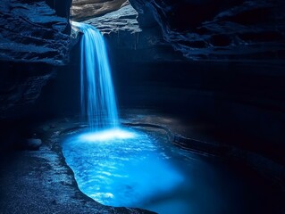 glowing waterfall, cave, blue light, mystical ambiance, fantasy landscape