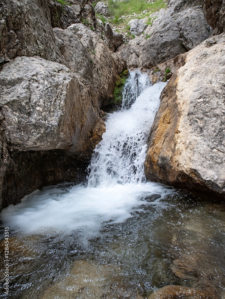 Poster a serene waterfall cascading over rocks amidst a tranquil natural landscape in summer : generative a