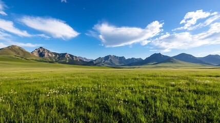 Fototapeta premium Expansive green field surrounded by towering mountains under a bright blue sky : Generative AI