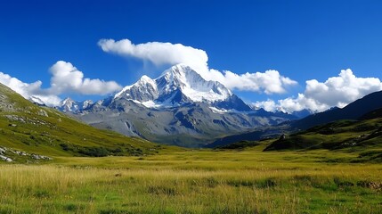 Fototapeta premium Breathtaking panoramic view of majestic snowcapped mountains and lush green meadows under a vibrant blue sky filled with clouds : Generative AI
