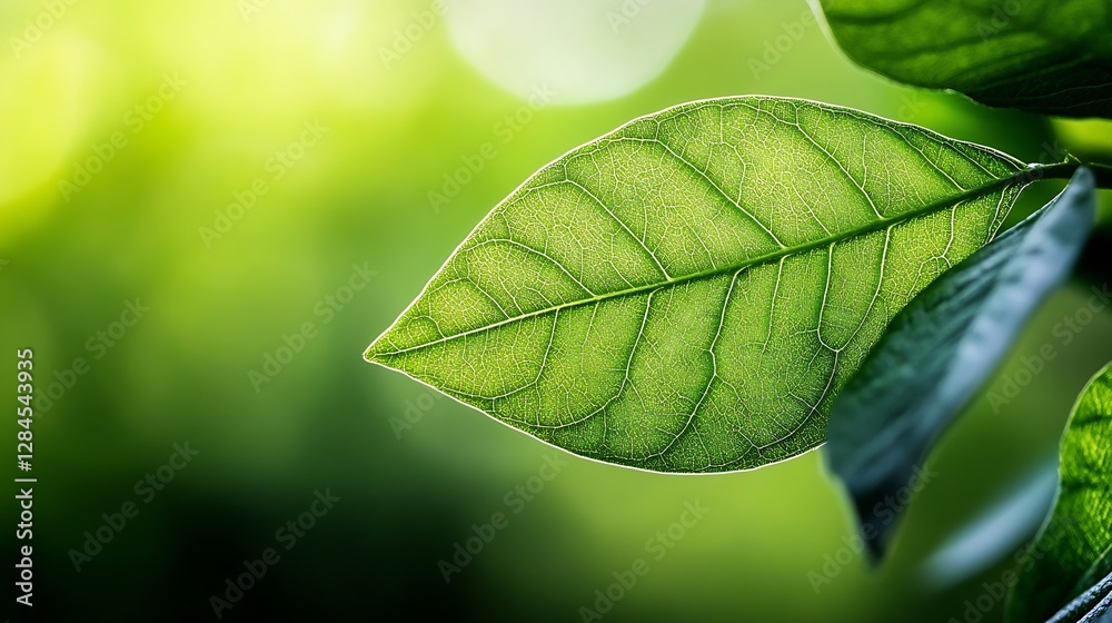 Aufkleber closeup of a vibrant green leaf showcasing intricate texture and details against a soft natural back