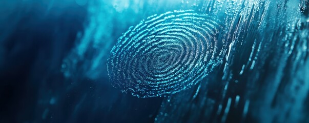 Close-up of a fingerprint on glass surface highlighted by blue light
