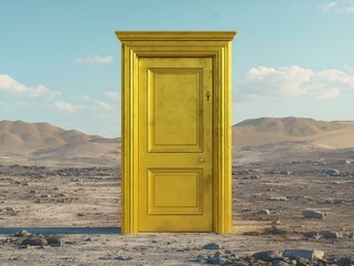 golden door desert landscape, sunlight, open door, mystical scene, fantasy architecture