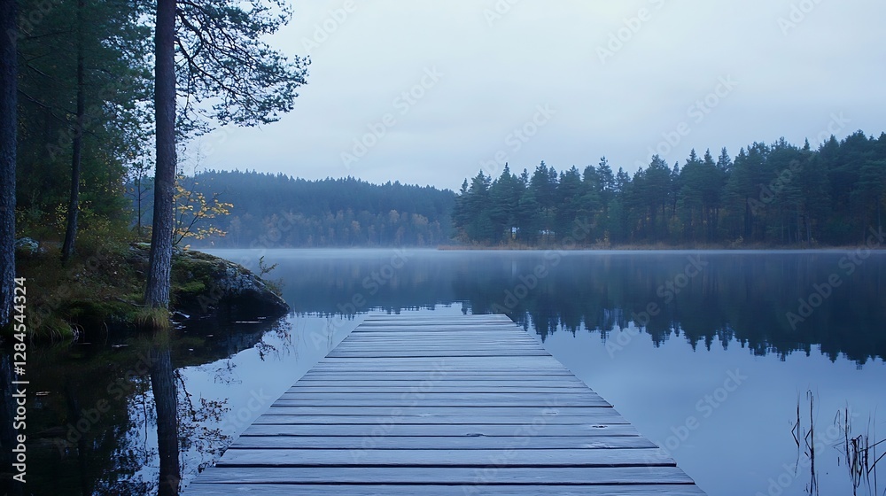 Aufkleber Misty calm lake surrounded by lush trees and a tranquil wooden dock reflecting in the water : Generative AI