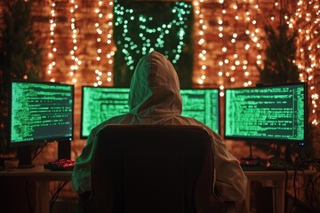 Obraz premium Hacker working on multiple screens in a dimly lit room with coding displays.