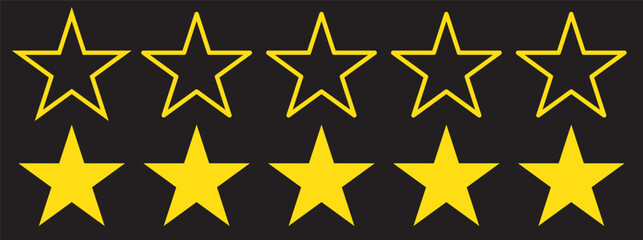 Five star rating.Five stars customer product review icon set, featuring yellow 5-star rating flat icons for apps and websites. Represents quality, customer rating, and feedback in transparent PNG and 