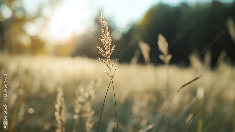 Poster closeup of a single grass blade shimmering in the sunlight on a warm summer evening in a tranquil fi