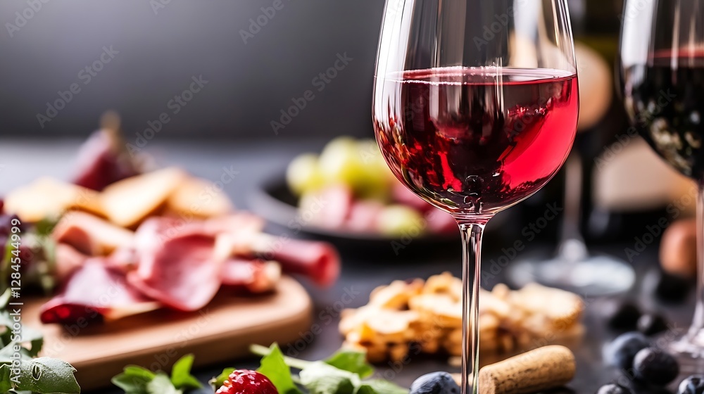 Poster elegant glass of red wine next to an assortment of gourmet meats and cheeses on a stylish dining tab