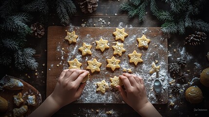 Hands cutting festive holiday cookies with star-shaped molds, winter baking, homemade Christmas treats, cozy kitchen.