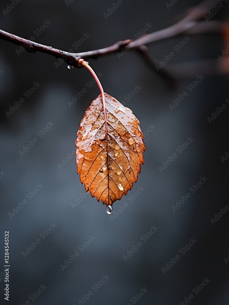 Aufkleber closeup of a raindrop on a brown leaf highlighting autumn colors and texture : generative ai