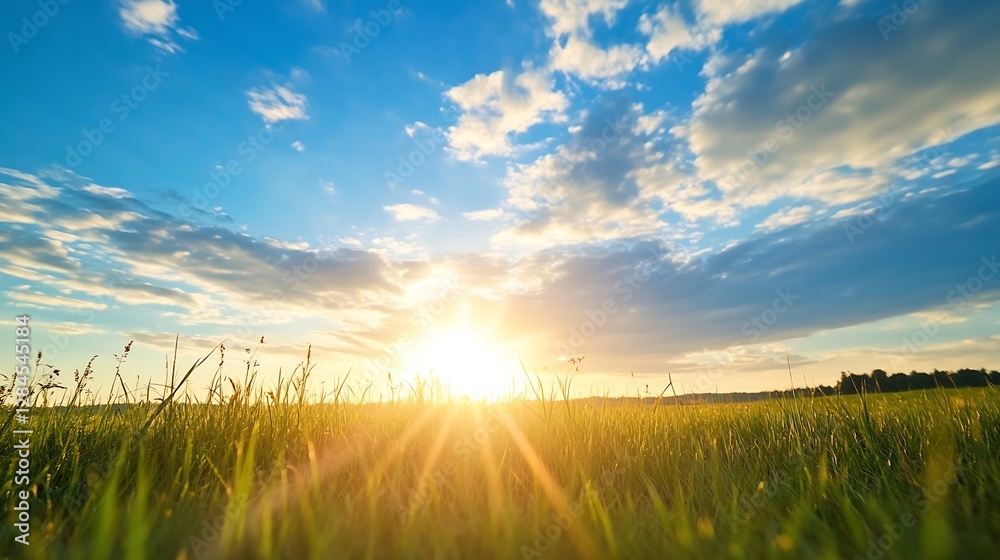 Poster beautiful sunrise over a grassy field with stunning clouds creating a serene landscape : generative 