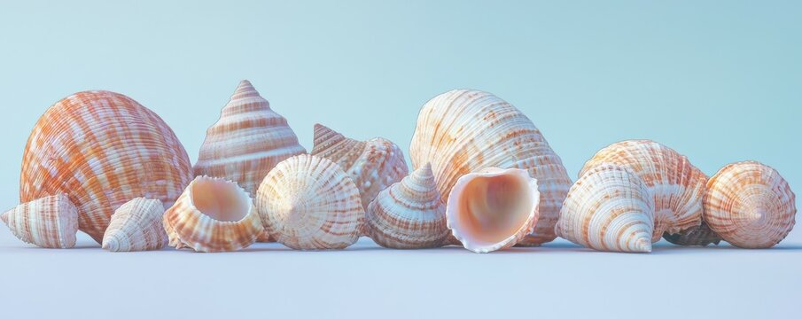 Collection of various seashells displayed on a soft blue background